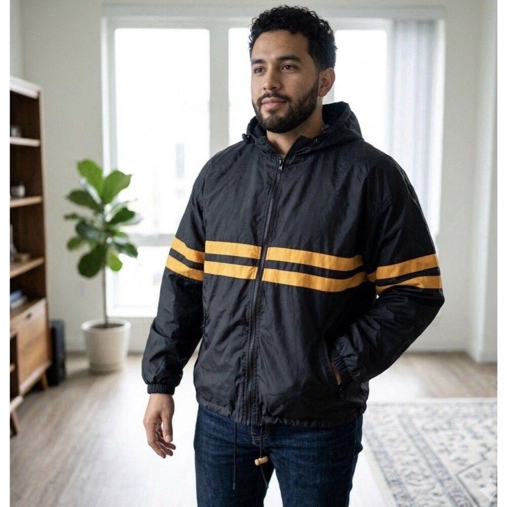 Storm Duds Jacket Men’s Hooded Full Zip Waterproof Size L Black Yellow